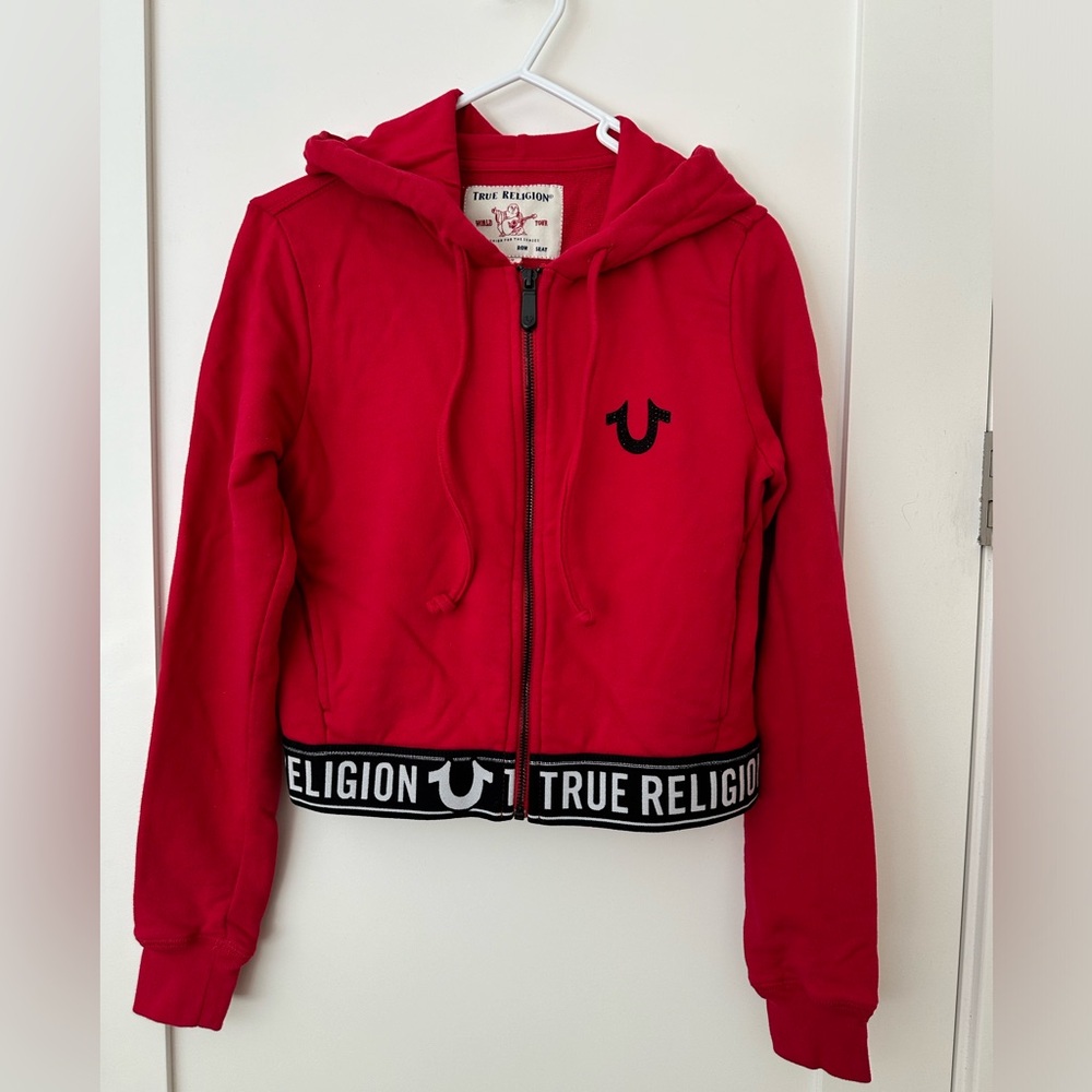 True Religion Red Cropped Full Zip Hoodie Size S